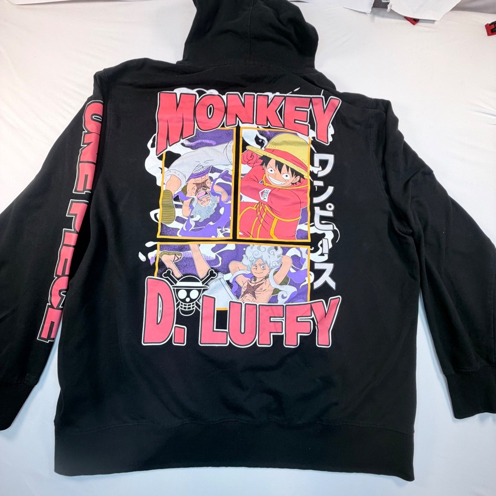 One Piece Monkey D Luffy Hoodie Mens 2XL Black Anime Graphic Pullover Sleeve Hit